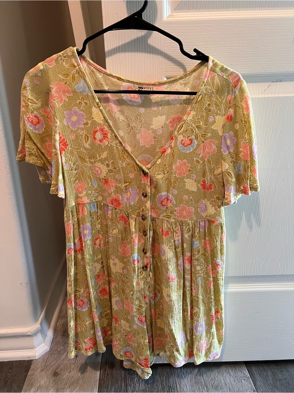 Billabong Olive Floral V-Neck Button Romper with Pink & Lavender Flowers